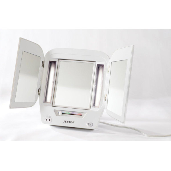 Jerdon Euro Tabletop Dual Sided Tri Fold Lighted Makeup Mirror with
